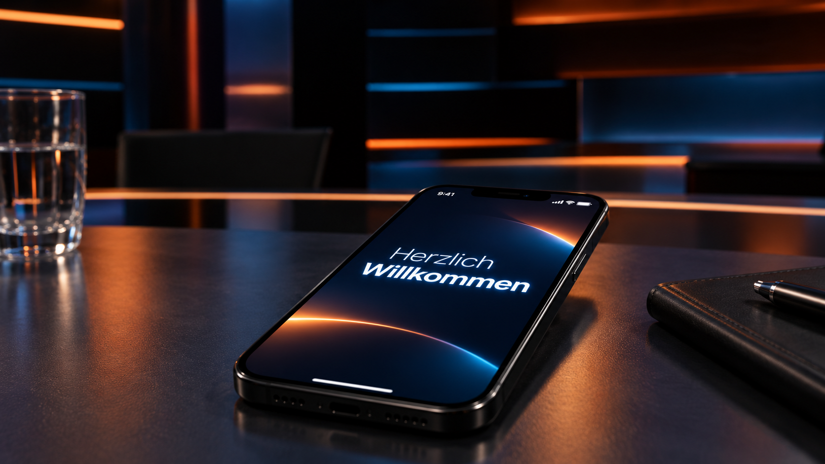Smartphone mit der Aufschrift Herzlich Willkommen auf einem dunklen Tisch